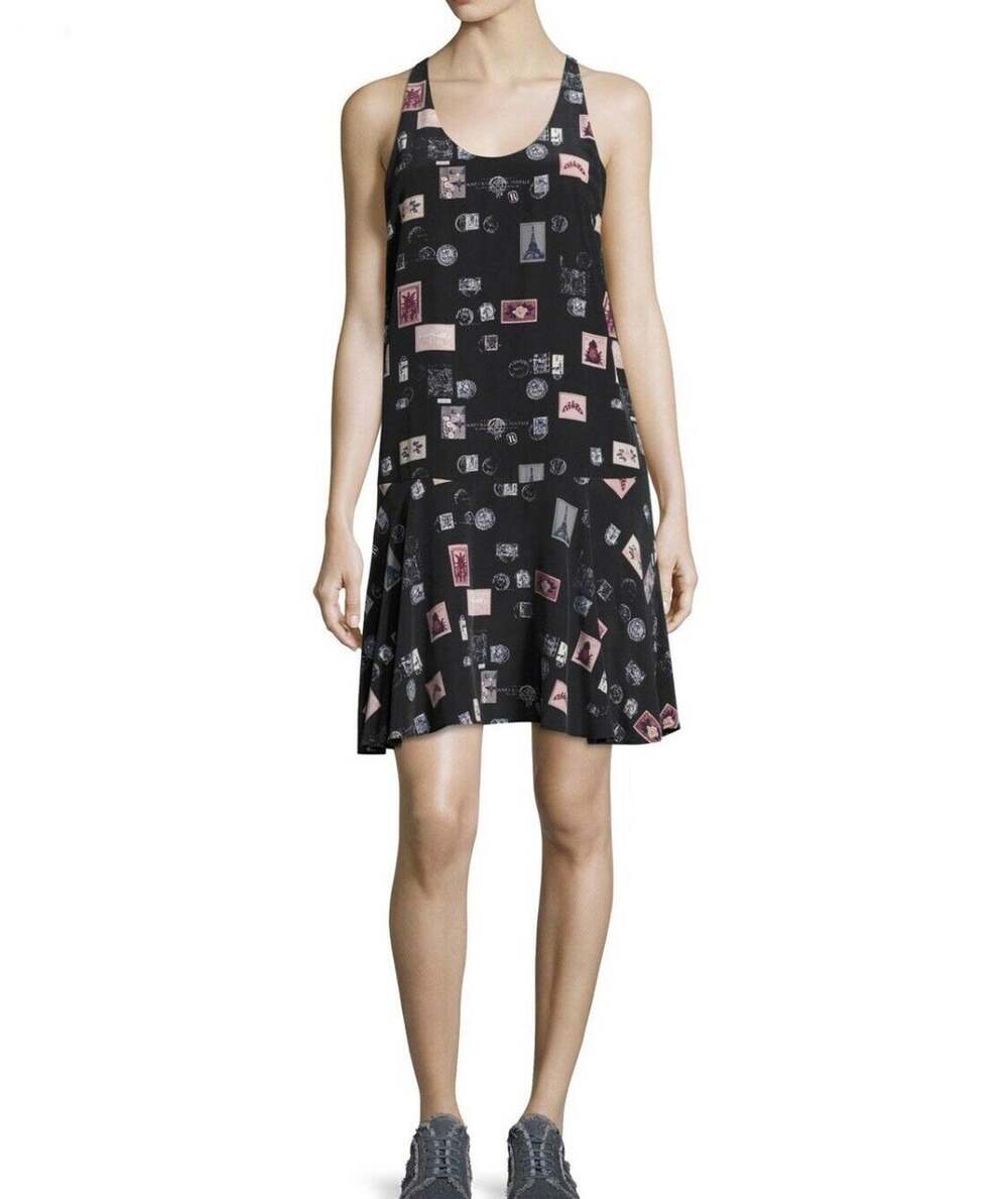 Joie Black Arianna Sleeveless Stamps Print 100% Silk Shift Dress Sz XS NWT $298
